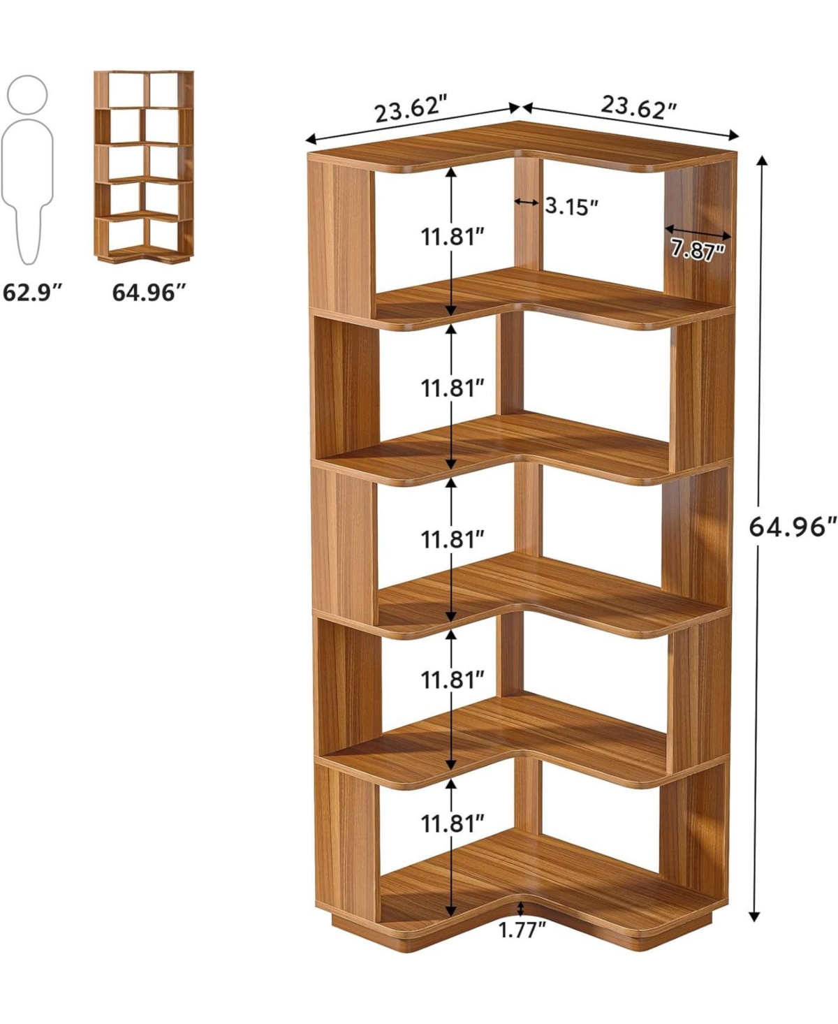 Tribesigns 6 Tier Corner Bookshelf, 64.9 Inch Tall Industrial Bookcase with Anti-Drop Panel, Freestanding Wood Grain Shelf Display Rack