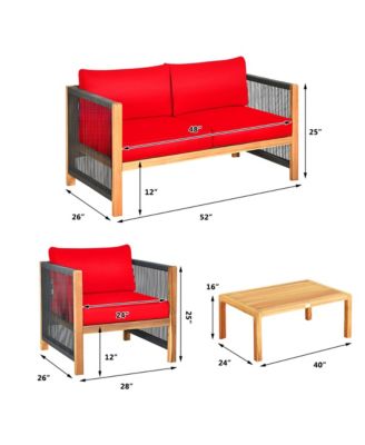 8PCS Acacia Wood Outdoor Patio Furniture Conversation Set W/ Red Cushions