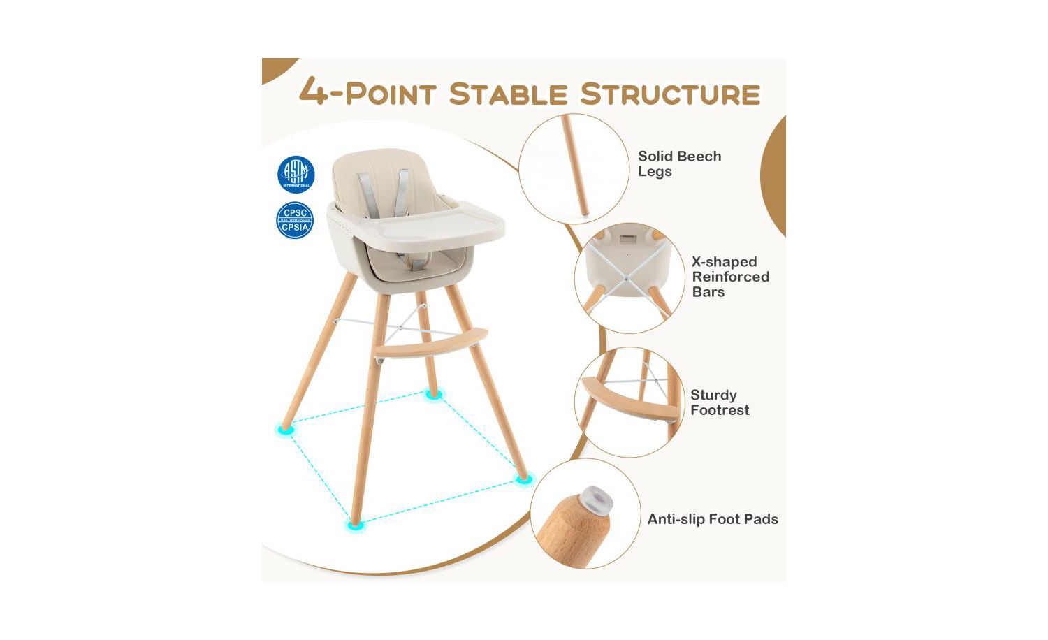 3 in 1 Convertible Wooden High Chair with Soft Cushion for Babies