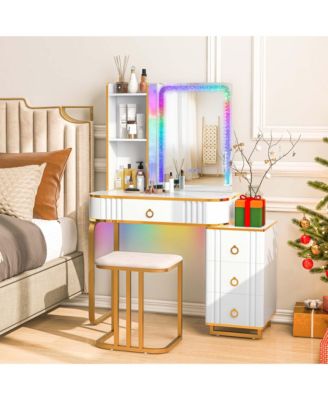 Vanity Table Set with RGB LED Lights Crystal Crush Diamond Mirror Drawers