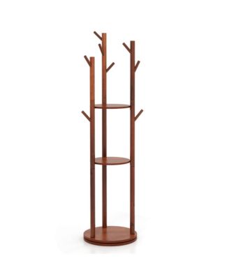 Freestanding Wooden Coat Tree 360&amp;#xB0; Rotary Coat Rack with 3 Display Storage Shelves