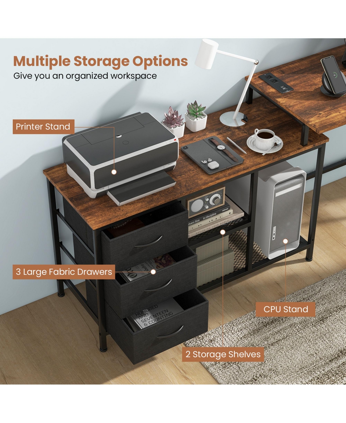 Costway L-shaped Computer Desk with Power Outlet, Fabric Drawers, Metal Mesh Shelves