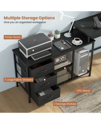 L-shaped Computer Desk with Power Outlet, Drawers, Metal Mesh Shelves