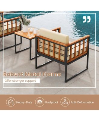 3 PCS Patio Chair Set Acacia Wood Sofa Set with Metal Support Soft Seat Cushions