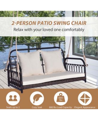Patio Swing Chair 2-Person Hanging Seat Outdoor Wicker Loveseat Cushioned Porch