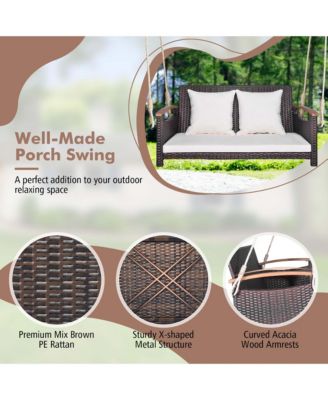 Patio Rattan Porch Swing 2-Person Hanging Chair Cushioned Loveseat for Backyard