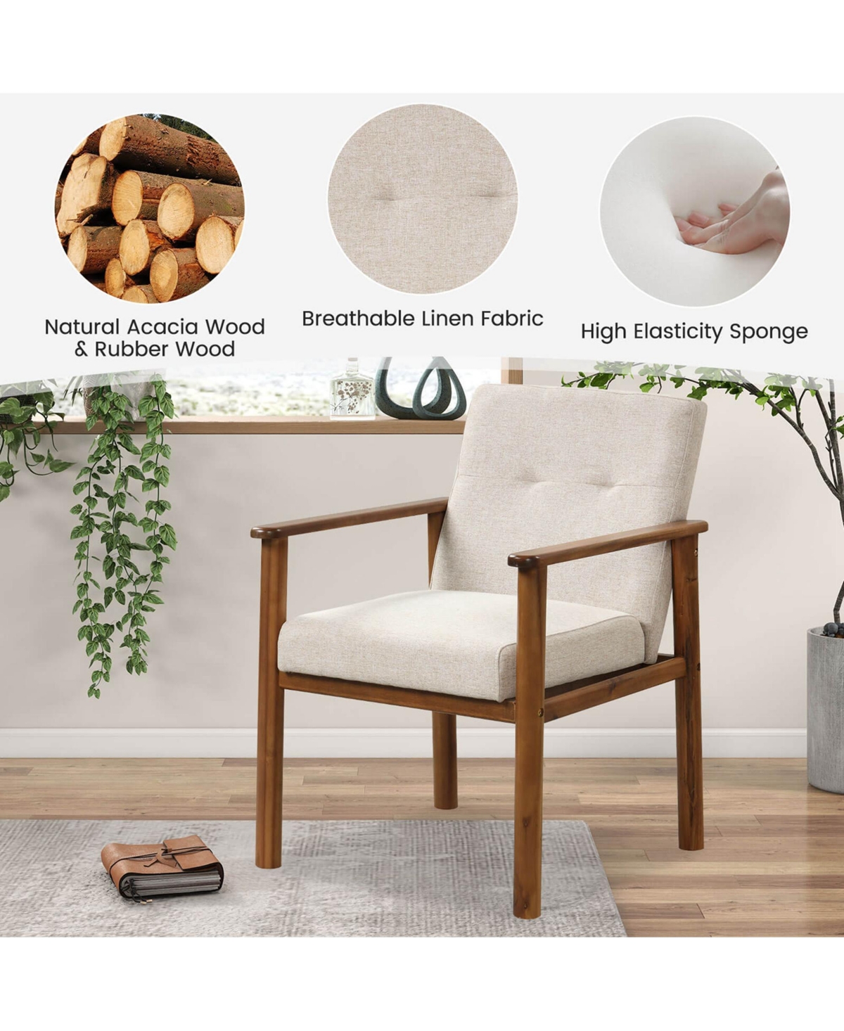 Costway Modern Accent Chair Upholstered Linen Fabric Armchair with Solid Wood Legs -khaki