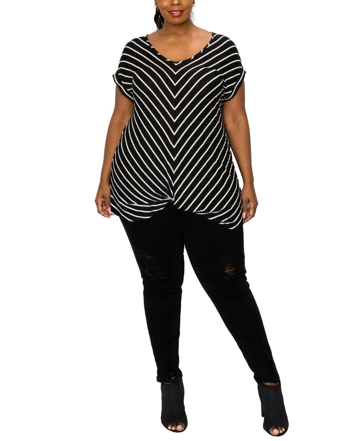 Coin 1804 Plus Size Pointelle Stripe Mitered Twist Front Top