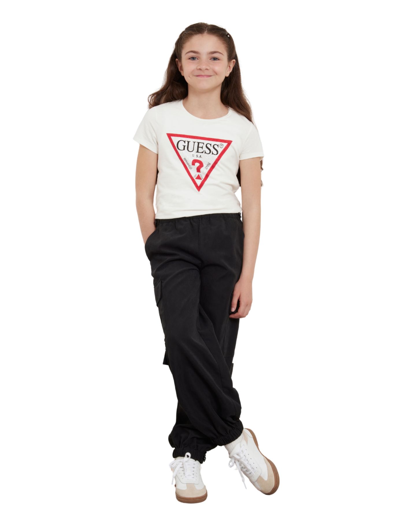 Футболка GUESS Triangle Rhinestone Logo T-shirt для девочек, цвет: Белый — фото 2