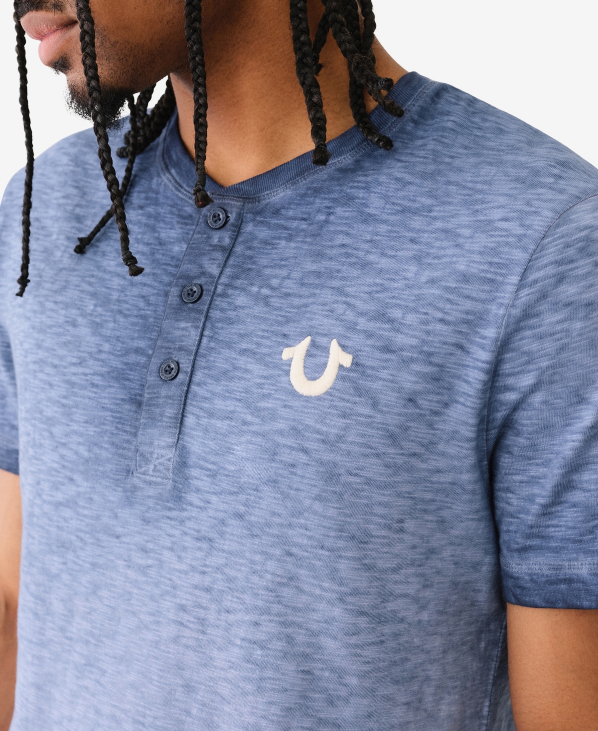 True Religion Men's Short Sleeve Dyed Embro Henley Shirt