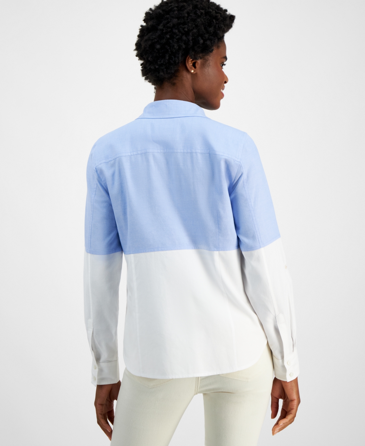 Nautica Jeans Women's Colorblocked Roll-Tab-Sleeve Button-Front Shirt -White