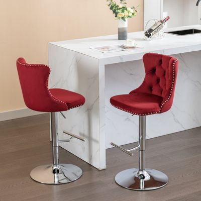 Set of 2 Adjustable Swivel Bar Stools in Wine Red