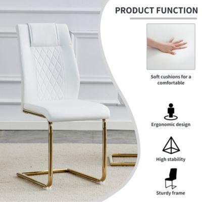 4 Modern Golden Leg Cushioned Chairs, White+PU