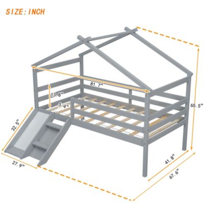 Twin Low Loft House Bed With Slide, Ladder, Safety Guardrails, House Roof Frame, Grey
