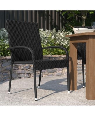 Set Of 4 Mathias Indoor/Outdoor Black Wicker Patio Chairs With Powder Coated Steel Frame, Comfortably Curved Back And Arms