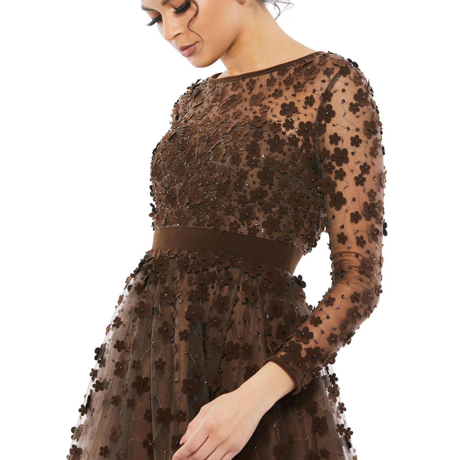 Women's Embellished Illusion High Neck Long Sleeve Fit and Flare