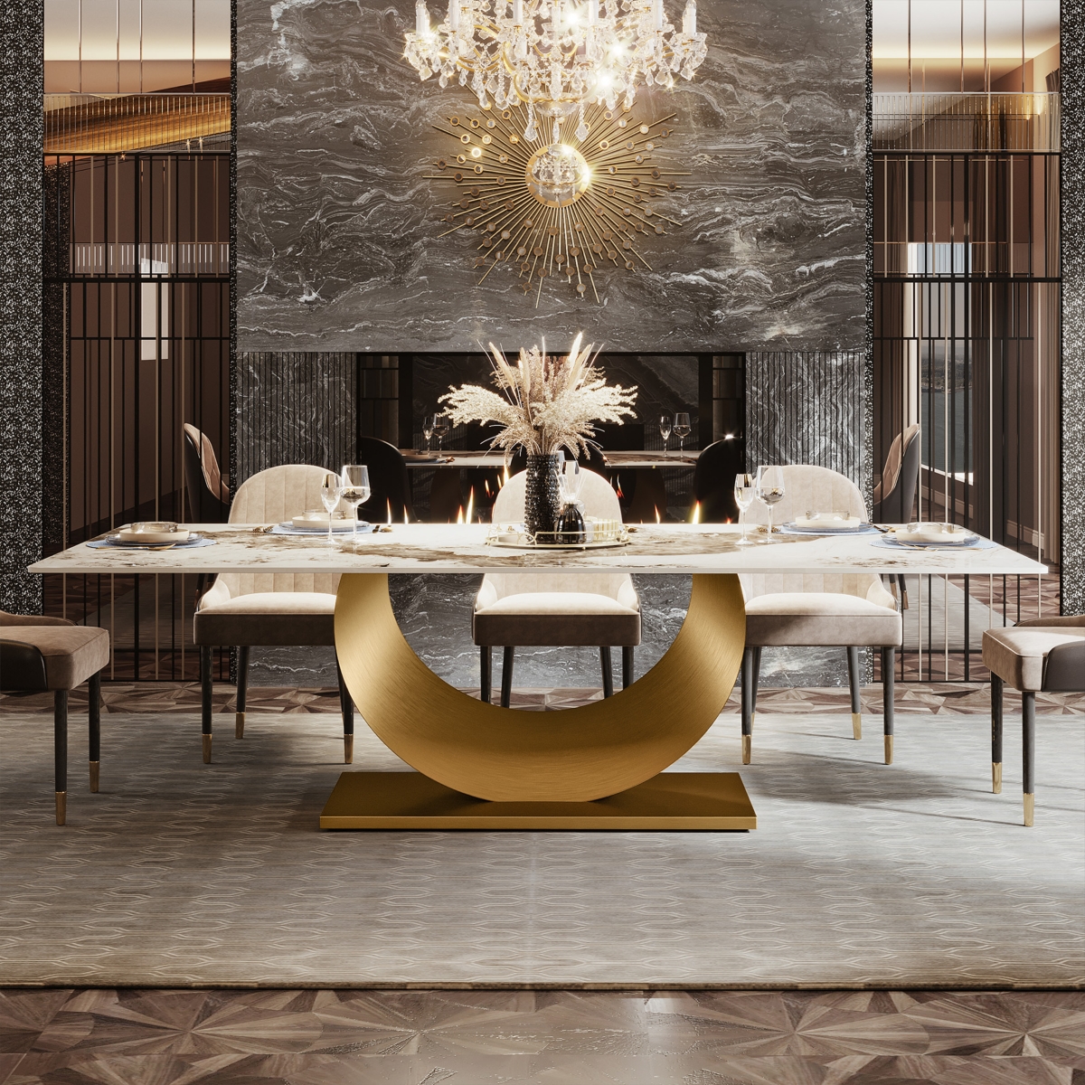 Tribesigns 78.7" Sintered Stone Dining Table, Luxury Kitchen Table with Snowy White Pandora Sintered Stone Tabletop, Dinner Table with Golden Sta