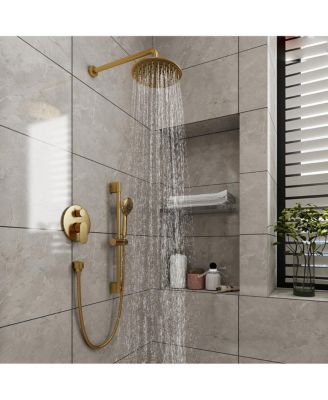 LUCKY ONE 9" Wall Mounted Rainfall Shower System Set with Hanheld Spray & Slide Bar, Brushed Gold