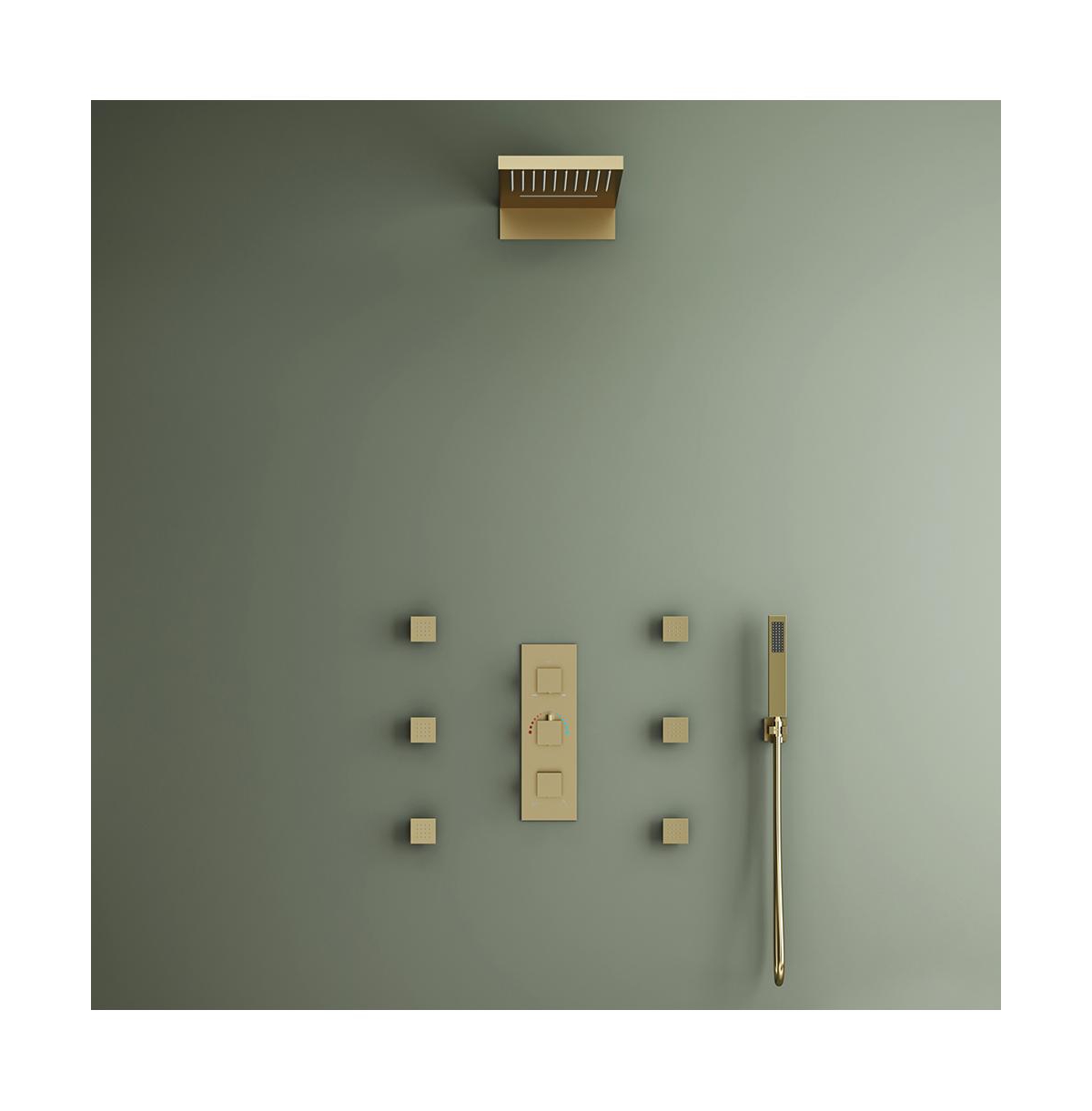 Mondawe Wall Mounted Thermostatic Luxury Shower System Set with Handheld Spray & 6 Body Jets, Brushed- Gold