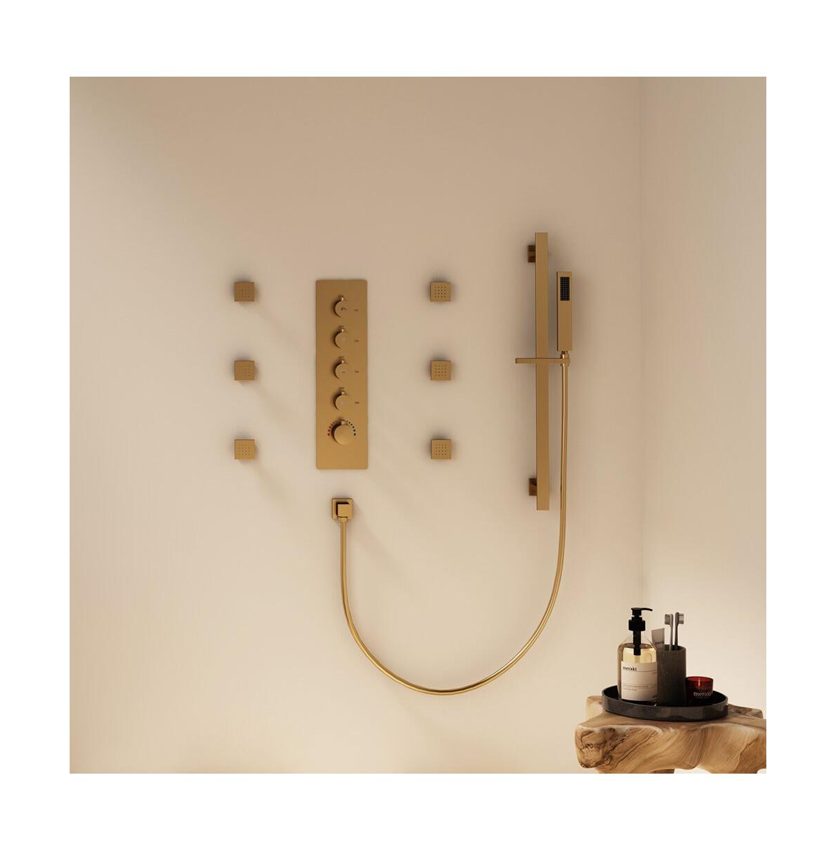 Mondawe Ceiling Mounted Thermostatic Shower System Set with Handheld Spray, Slide Bar & 6 Body Jets, Brushed- Gold
