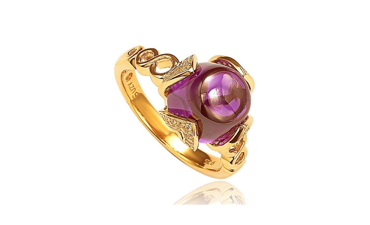 Suzy Levian Sterling Silver Cubic Zirconia Purple Cabochon Cocktail Ring