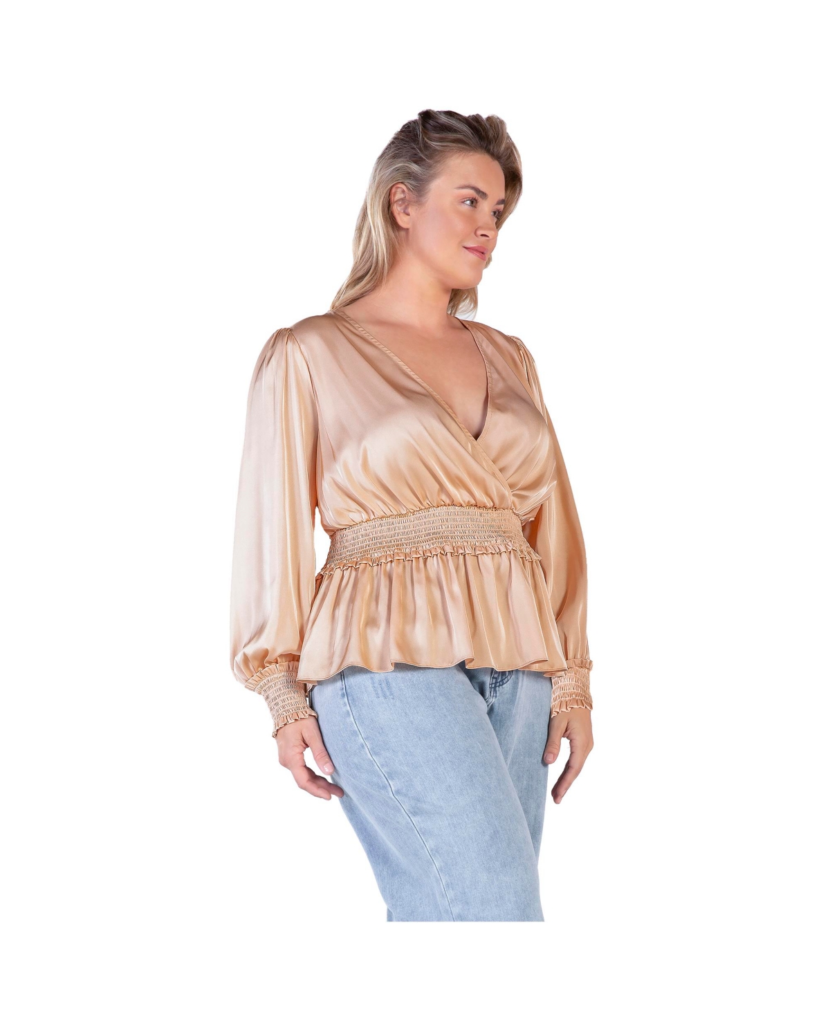 Standards & Practices Plus Size Satin V-Neck Long Sleeves Blouse