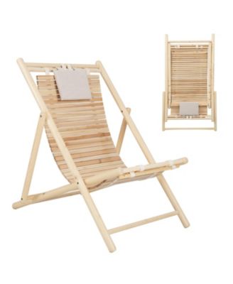 Solid Fir Wood Lounge Chair with 3-Level Adjustable Backrest and Soft Padded Headrest-Natural