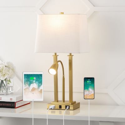 Blaire 23.75" 2-Light Modern Farmhouse Metal LED Table Lamp with USB Charging port, Adjustable Reading Light and AC Outlet, Oil Rubbed Bronze