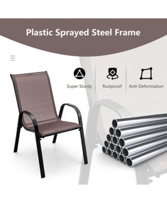 4PCS Patio Stacking Dining Chairs w/ Curved Armrests & Breathable Seat Fabric Brown