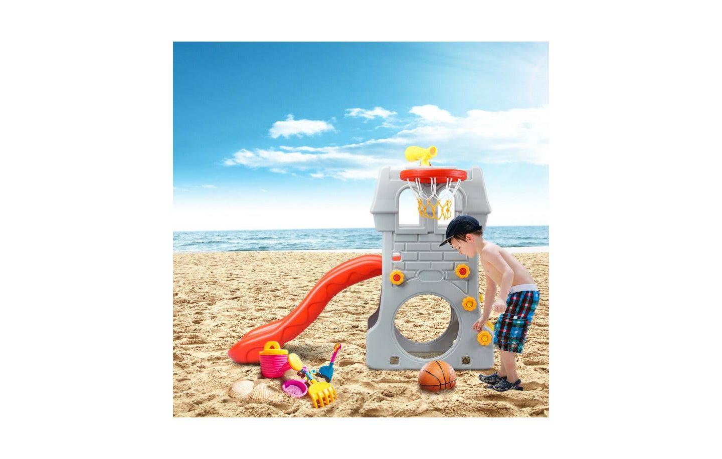 Детский игровой набор Slickblue 5-in-1 Toddler Climber Slide Playset with Basketball Hoop and Telescope, 110 lbs Capacity, 3–8 лет, цвет: Серый — фото 2