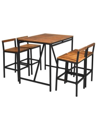 5PCS Patio Bar Table Set PE Rattan High-Dining Bistro Set w/ Acacia Wood Top