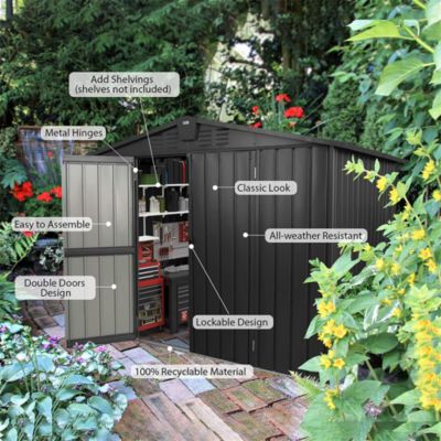 Black Metal Outdoor Storage Shed 8.2'X6.2' Lockable Cabinet