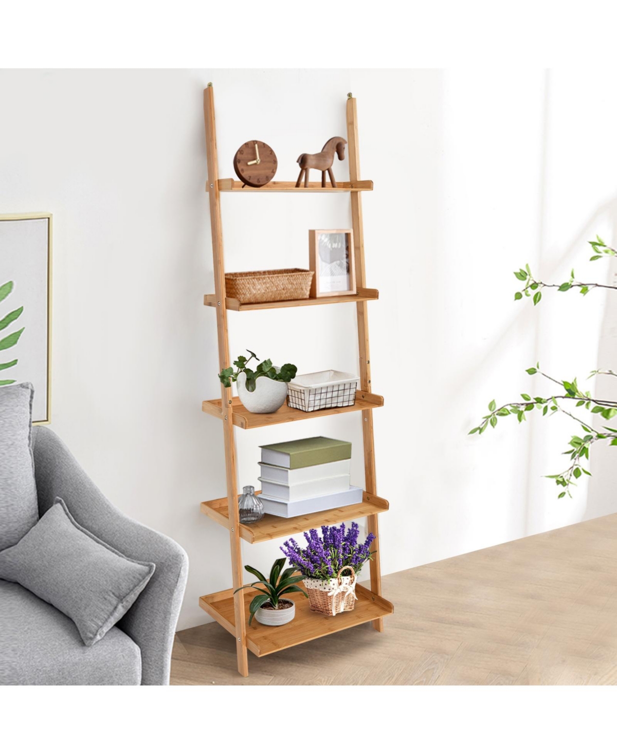 Slickblue 5-Tier Ladder Shelf Bamboo Bookshelf Wall-Leaning Storage Display Plant Stand- Natural