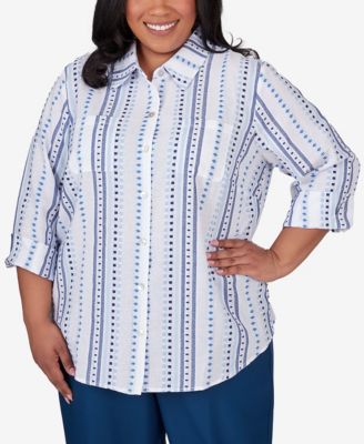 Alfred Dunner Plus Size Classic Jacquard Stripe Collared Button 