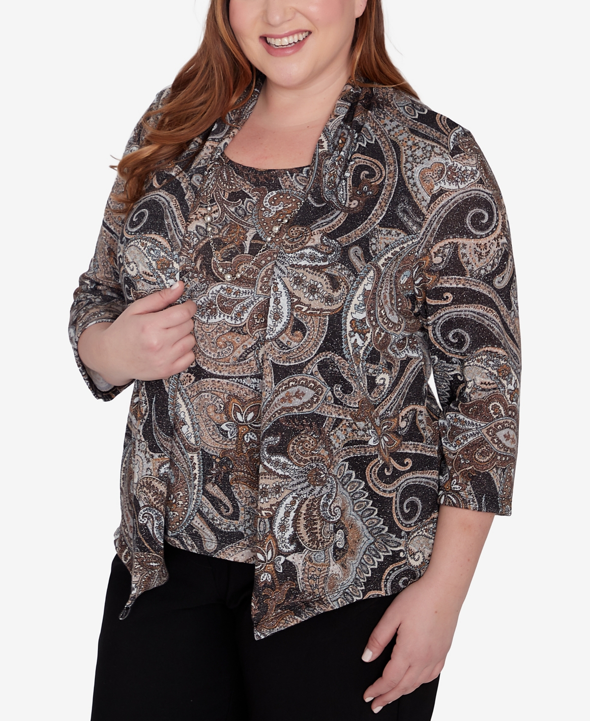 Alfred Dunner Plus Size Classic Metallic Paisley Two In One Top With Necklace