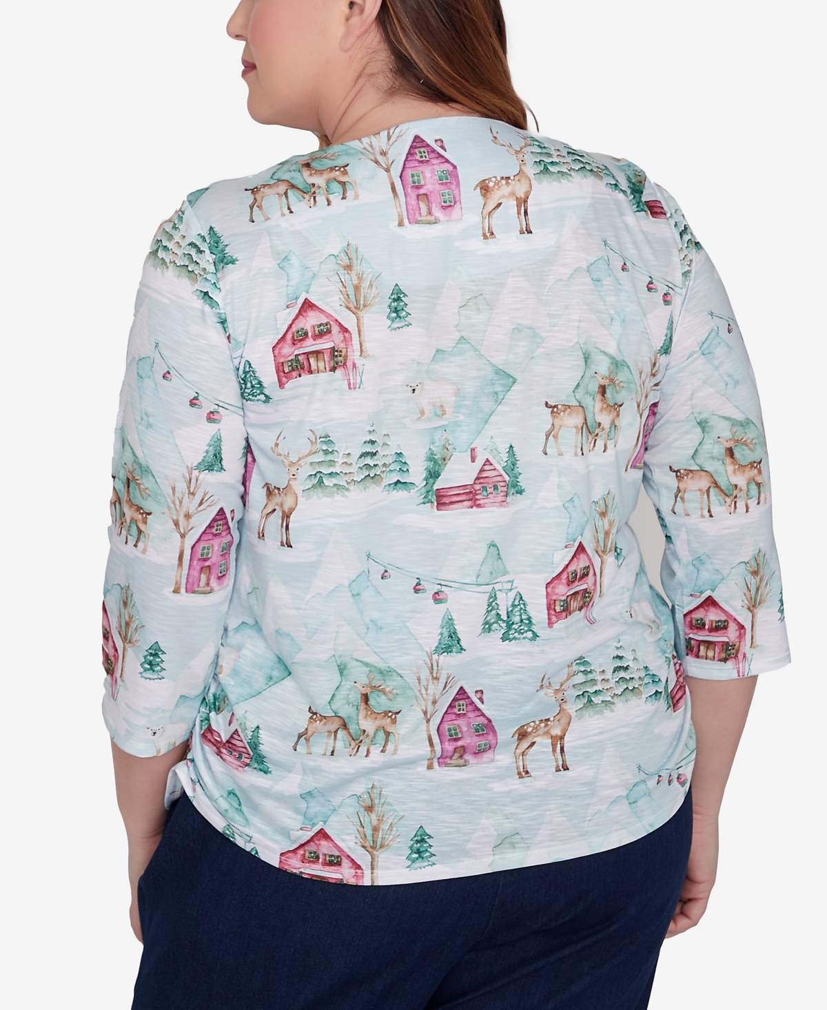Alfred Dunner Plus Size Classic Triple Notch Neck Deer Village Top In Multi Green
