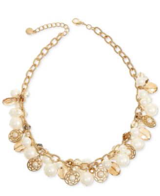 Charter Club - Gold-Tone Bead & Imitation Pearl Charm Statement Necklace, 17" + 2" extender