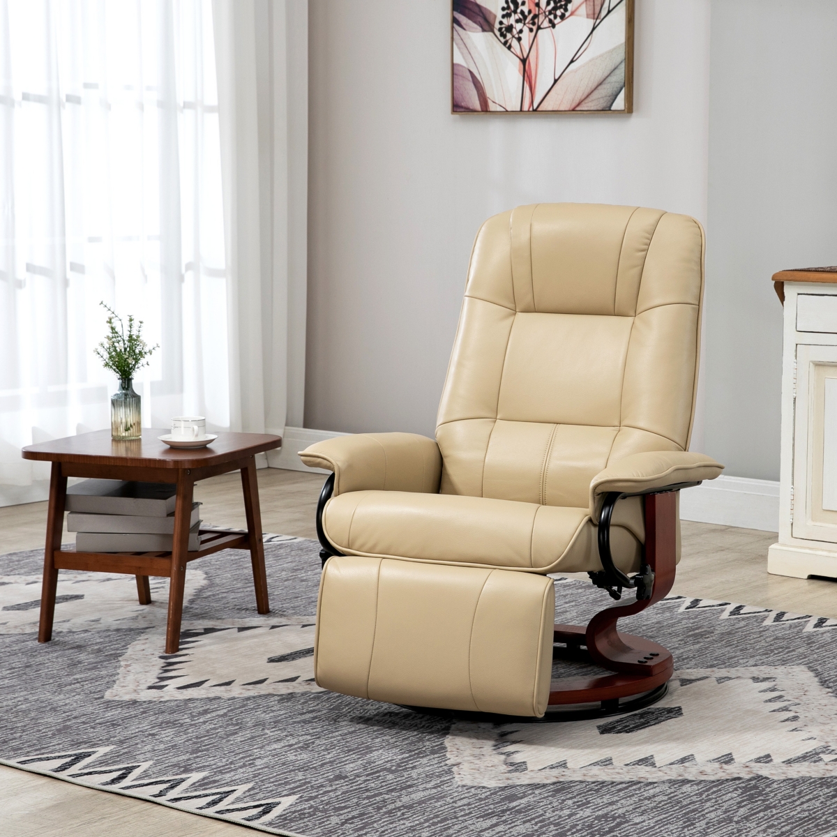 Homcom Faux Leather Reclining Lounge Chair Swivel Recliner Sofa Seat w/ Wood Base White