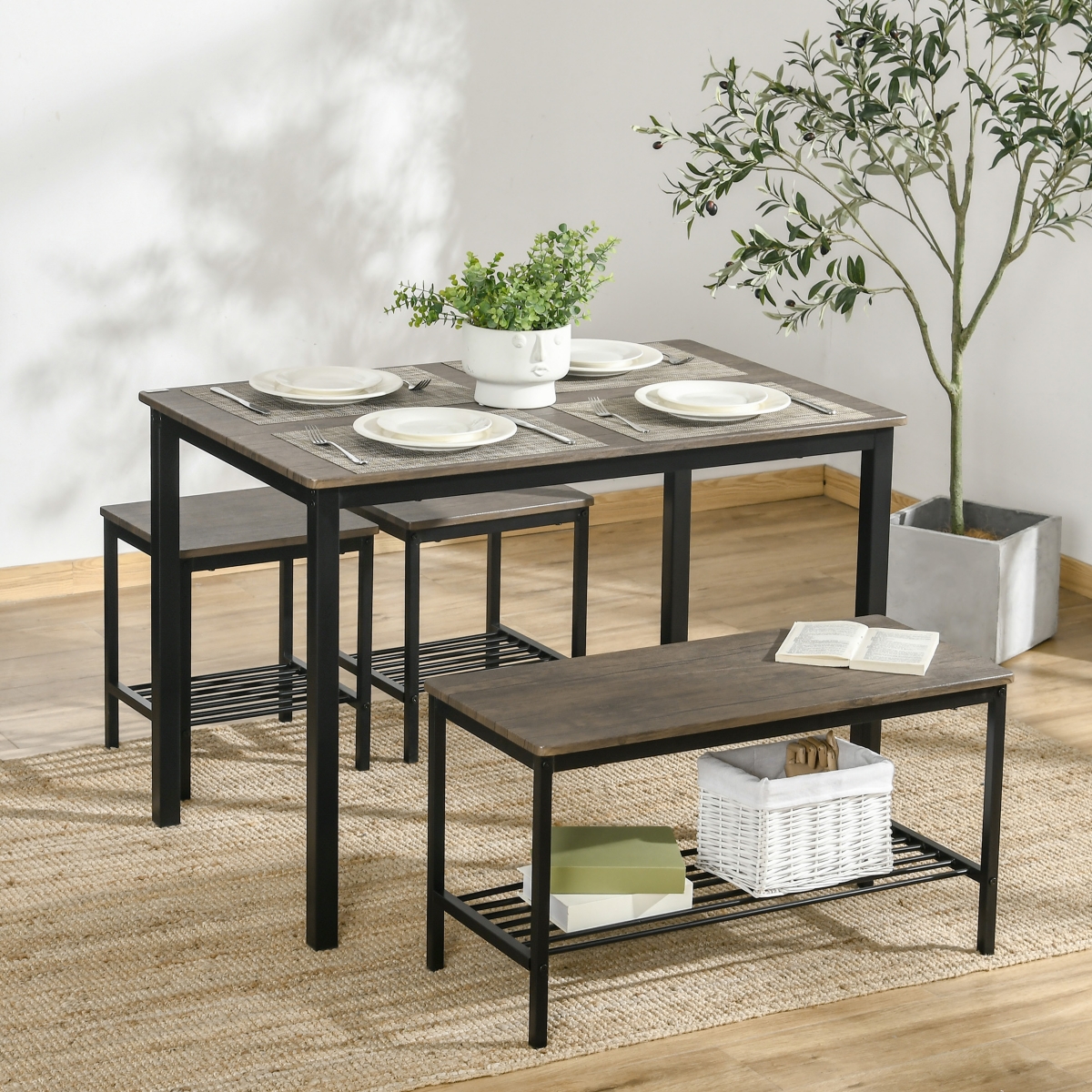 Homcom Dining Table Set, Kitchen Table & Chairs for 4, Dinner Table w/ Bench Set, Brown