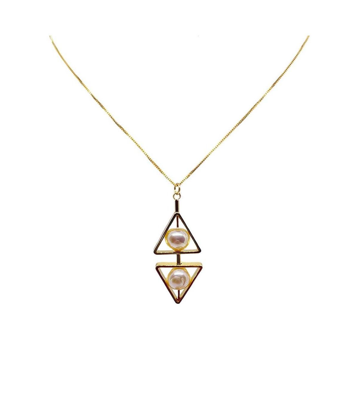Double Triangle Pearl Necklace - Gold