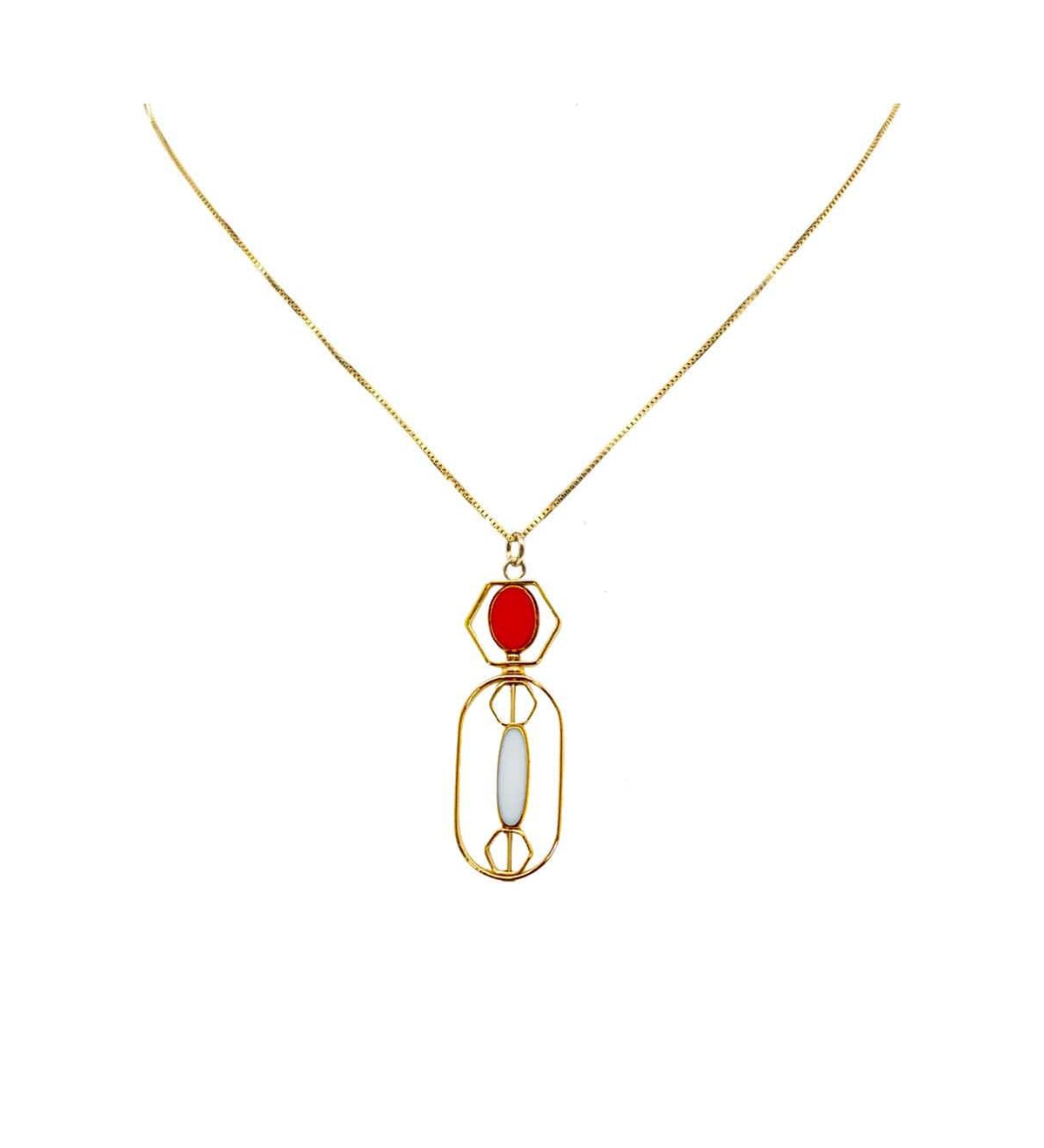 Red and White Art Deco Necklace - Red
