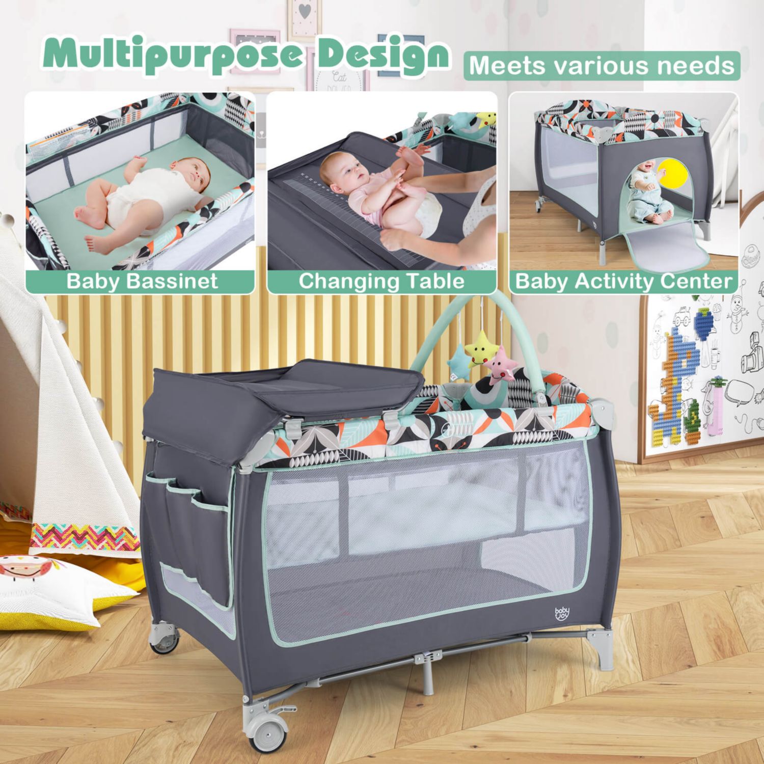 3 in 1 Baby Playard Infant Nursery Center w/ Zippered Door Mint