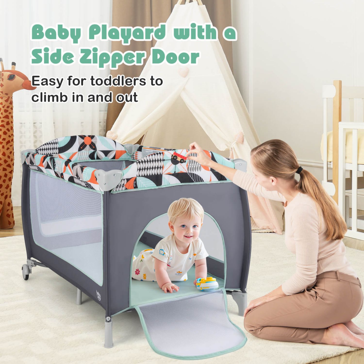 3 in 1 Baby Playard Infant Nursery Center w/ Zippered Door Mint