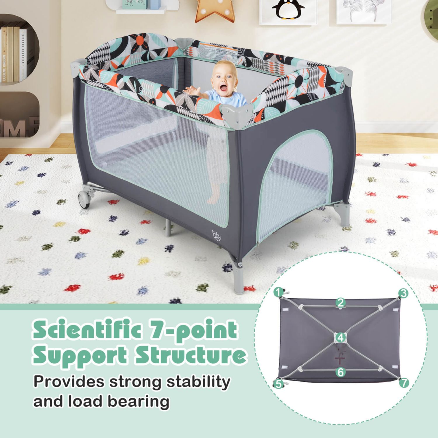 3 in 1 Baby Playard Infant Nursery Center w/ Zippered Door Mint