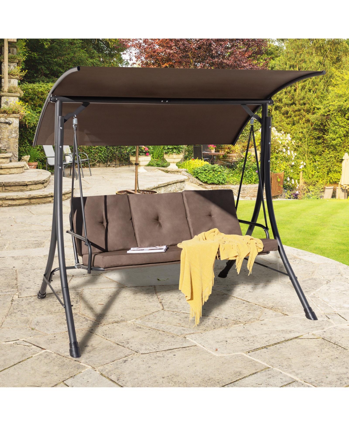 3-Seat Outdoor Porch Swing Adjustable Canopy Padded Cushions Steel Frame