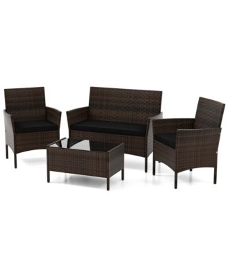 4 Pc. Patio Furniture Set with Washable Cushions and Tempered Glass Coffee Table
