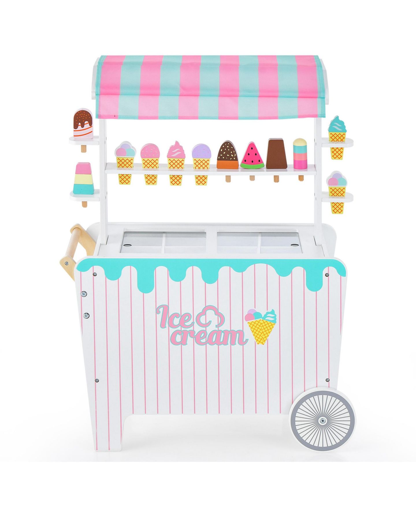 Детские игрушки Costway Kid's Ice Cream Cart Food Trunk Play Toy Set with Display Rack, цвет: Розовый — фото 10