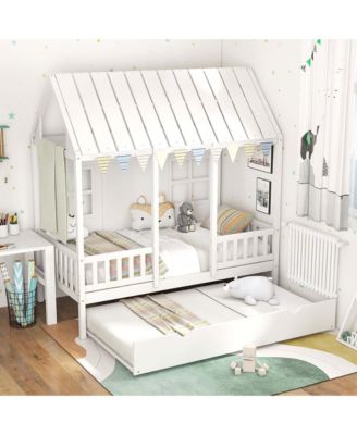Twin Size House Bed with Trundle Fence Decor Wooden Windows Tall Roof