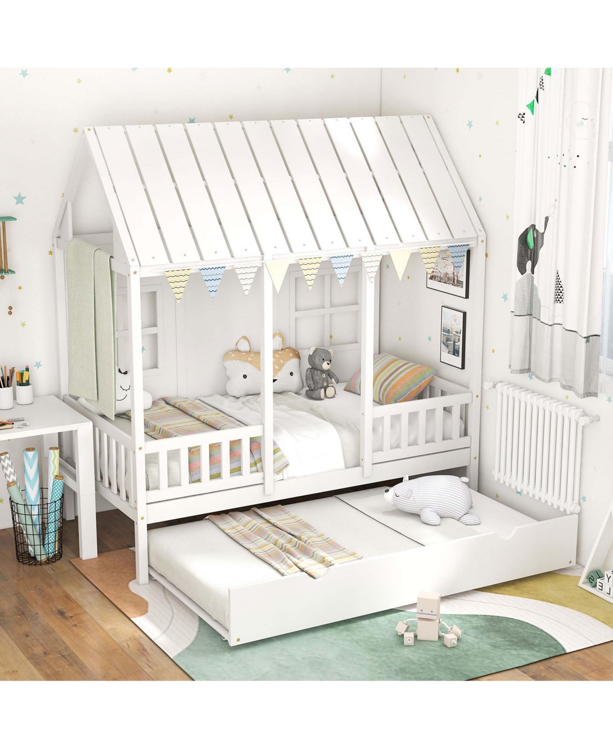 Twin Size House Bed with Trundle Fence Decor Wooden Windows Tall Roof