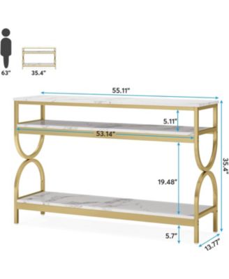 3-Tier Console Table, 55 inch Sofa Table with Open Storage Shelves, Narrow Long Hallway/Entryway Table with Faux Marble Top, White & Gold